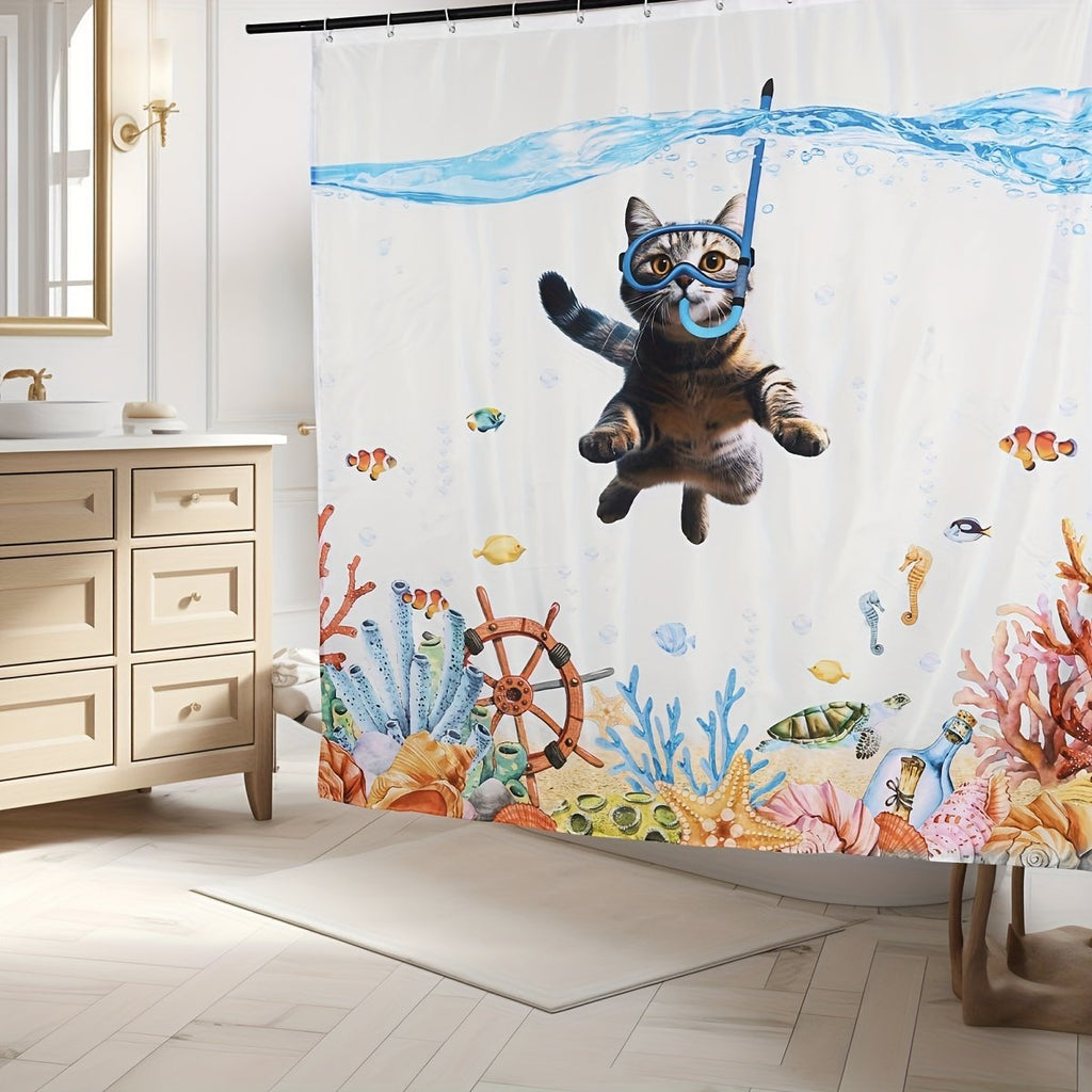 Close-up of octopus turtle and anchor print on teal shower curtain