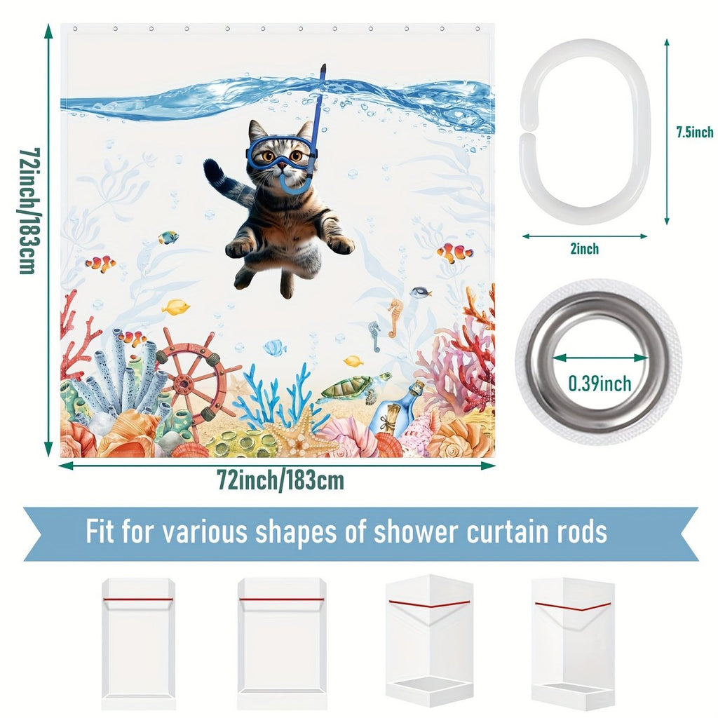 Nautical sea life polyester shower curtain in coastal bathroom