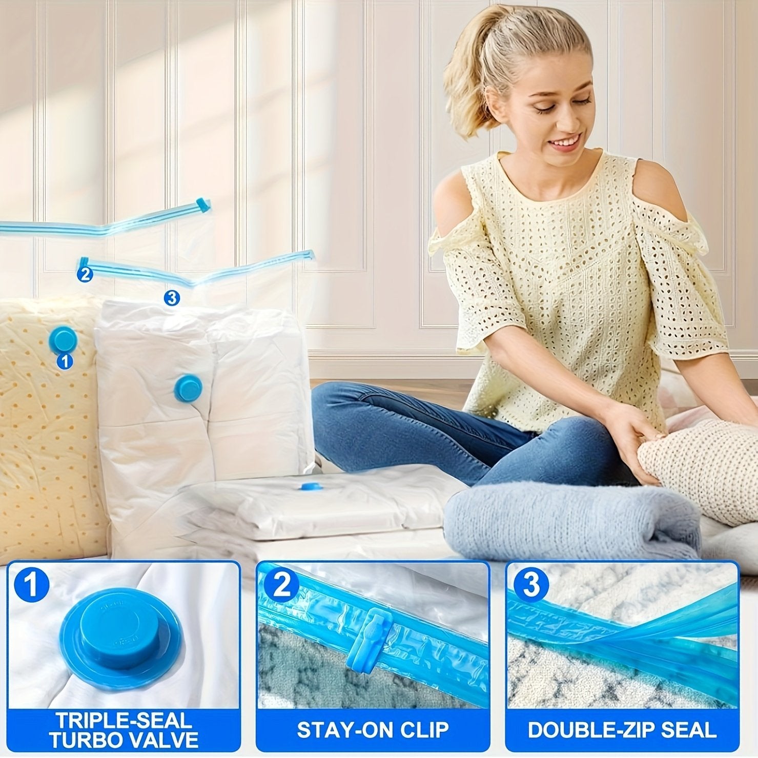 Vacuum storage bags organised neatly on wardrobe shelf at home