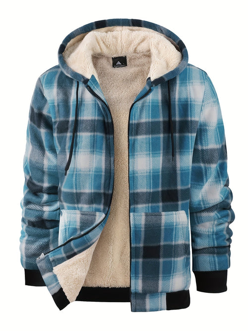 Men's heavyweight sherpa fleece plaid hooded shirt jacket in gingham pattern