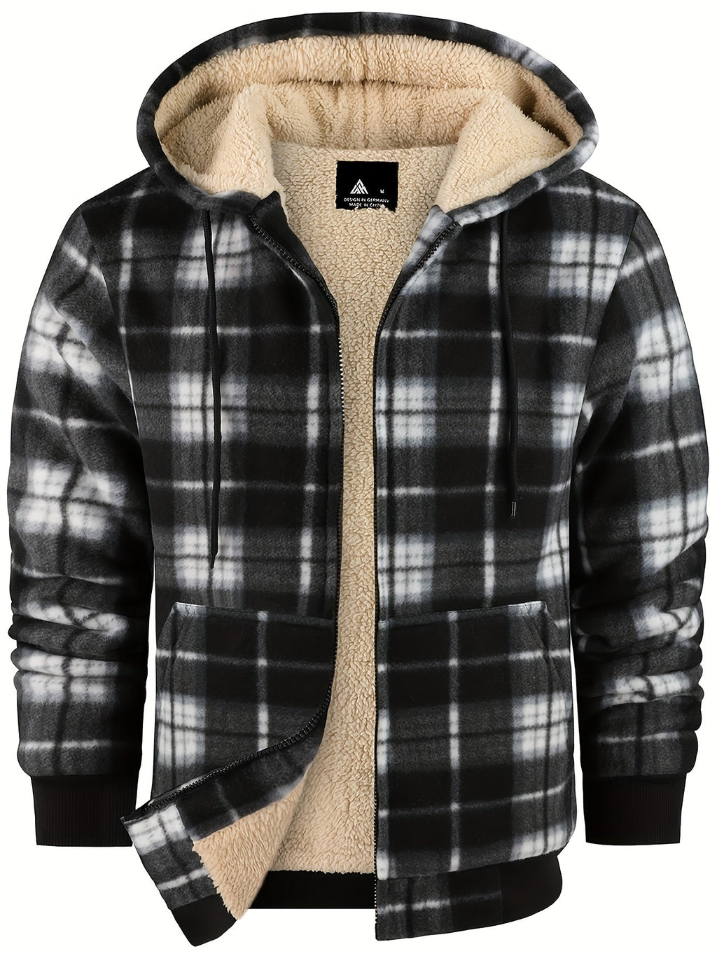 Thick sherpa lined flannel plaid jacket for men with hooded zip design