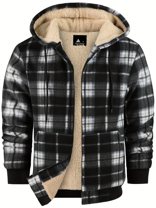 Thick sherpa lined flannel plaid jacket for men with hooded zip design