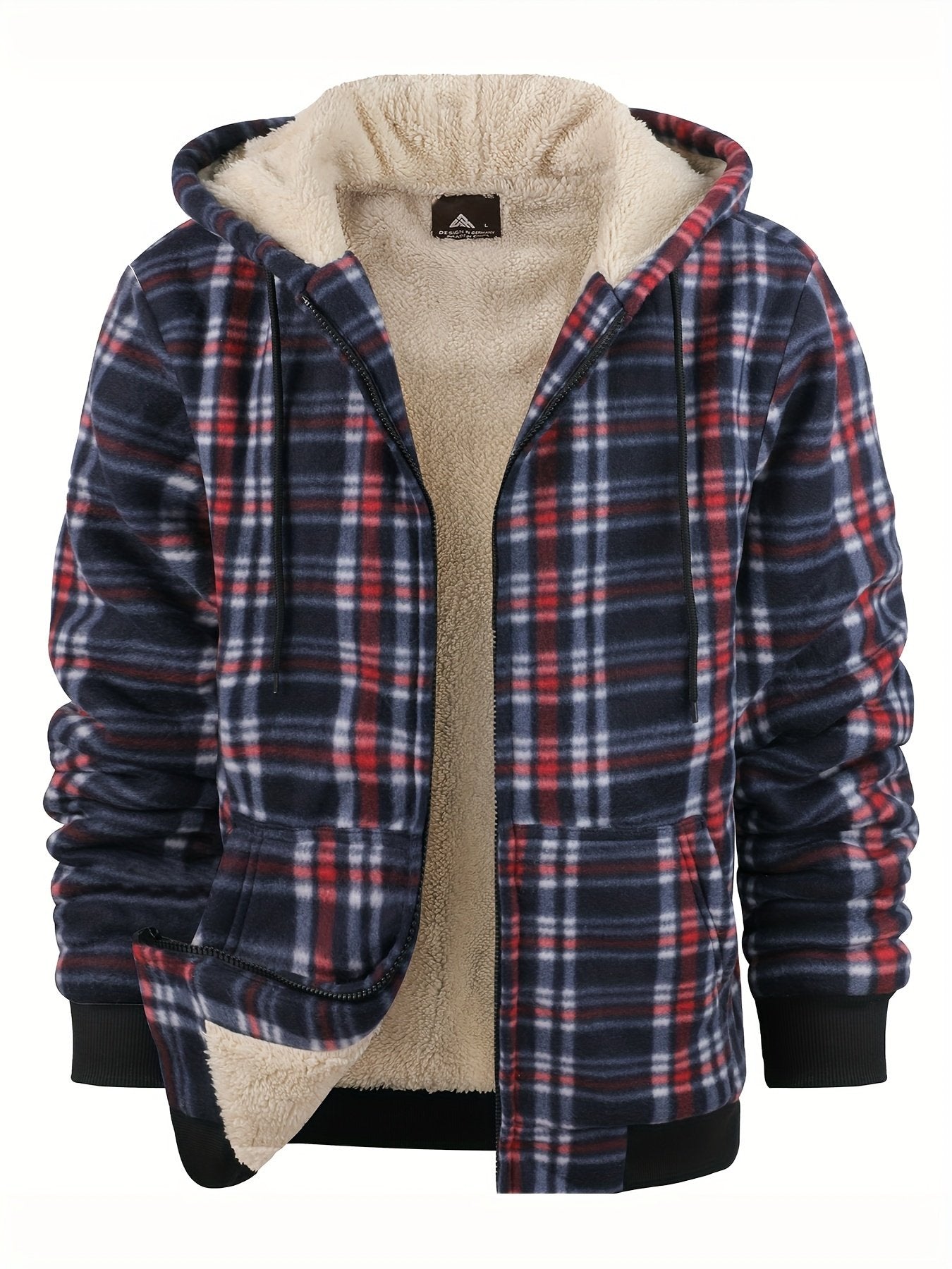 Heavyweight gingham plaid hooded fleece jacket for men autumn winter