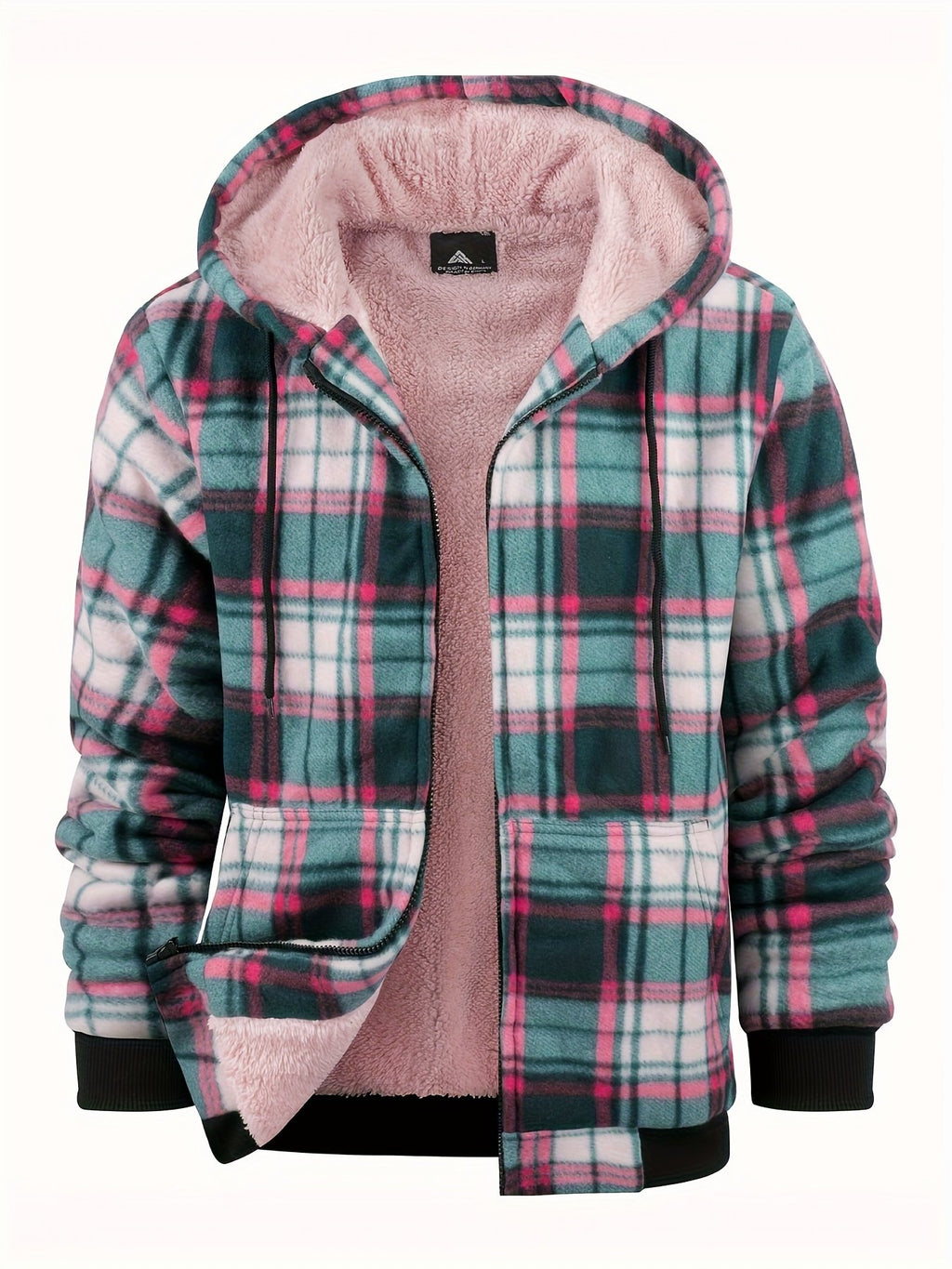 Men's flannel plaid zip-up hoodie jacket with thick sherpa fleece lining