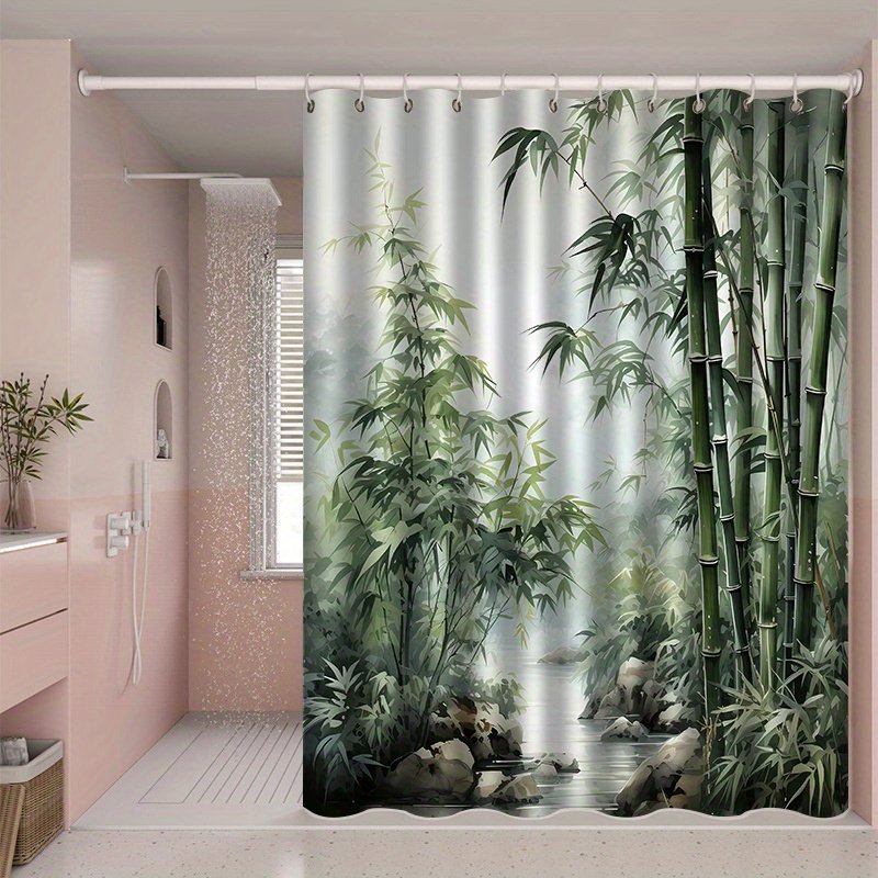 JIT1pcs Bamboo Pattern Printed Bath Curtain, High-end Elegant and Convenient Installation for Bathroom Curtain, Suitable for Home Decoration, with 12 Hooks Polyester Fabric Bathtub Curtain, Bathroom Divider, Room Decoration, Machine Washable Window Ba - image 1