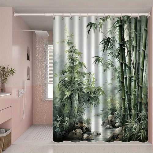 JIT1pcs Bamboo Pattern Printed Bath Curtain, High-end Elegant and Convenient Installation for Bathroom Curtain, Suitable for Home Decoration, with 12 Hooks Polyester Fabric Bathtub Curtain, Bathroom Divider, Room Decoration, Machine Washable Window Ba - image 1