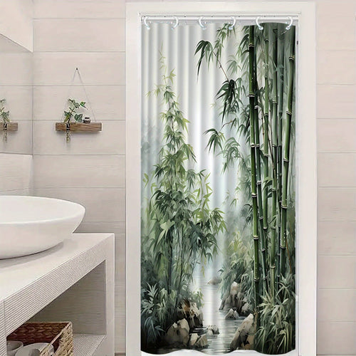 JIT1pcs Bamboo Pattern Printed Bath Curtain, High-end Elegant and Convenient Installation for Bathroom Curtain, Suitable for Home Decoration, with 12 Hooks Polyester Fabric Bathtub Curtain, Bathroom Divider, Room Decoration, Machine Washable Window Ba - image 2