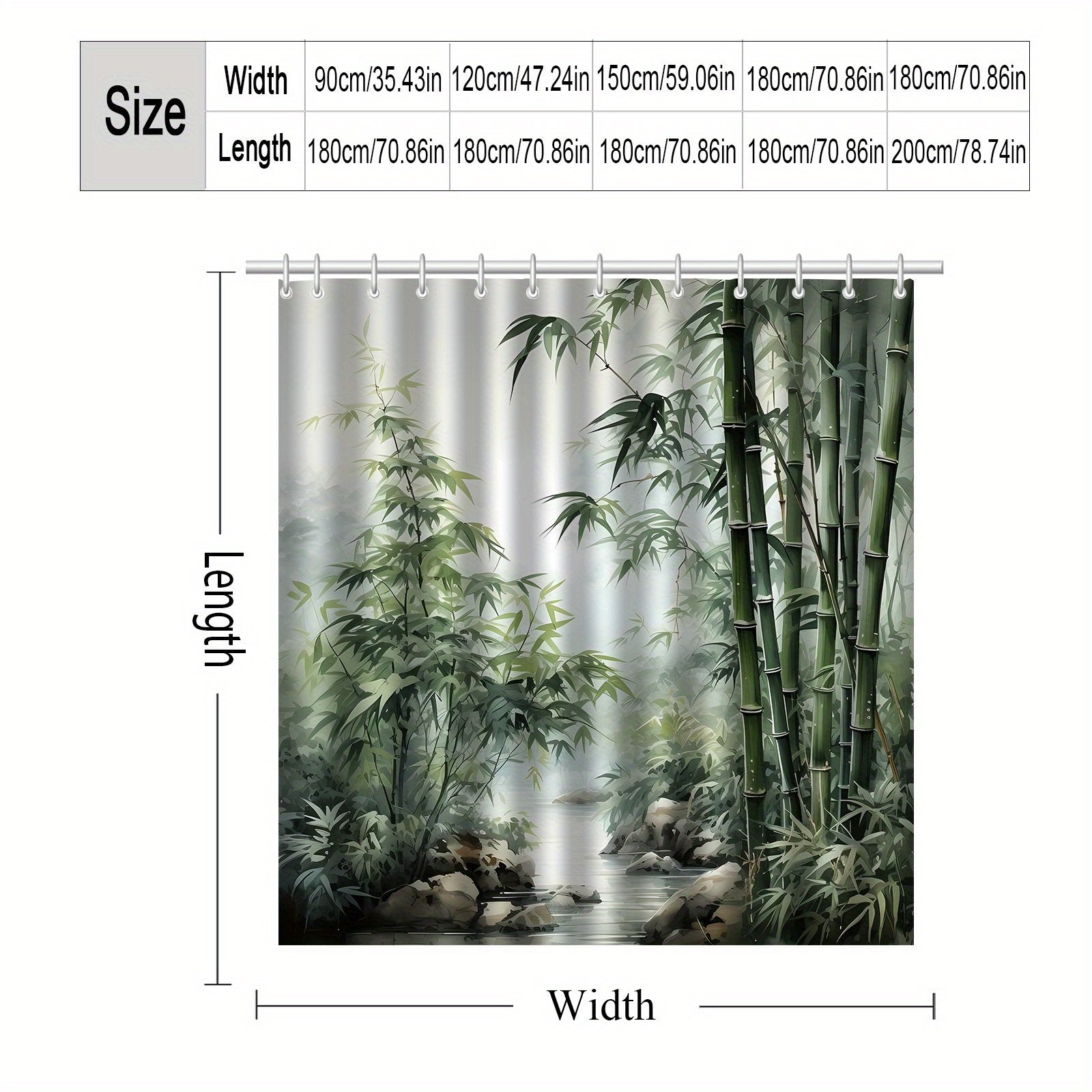 JIT1pcs Bamboo Pattern Printed Bath Curtain, High-end Elegant and Convenient Installation for Bathroom Curtain, Suitable for Home Decoration, with 12 Hooks Polyester Fabric Bathtub Curtain, Bathroom Divider, Room Decoration, Machine Washable Window Ba - image 3