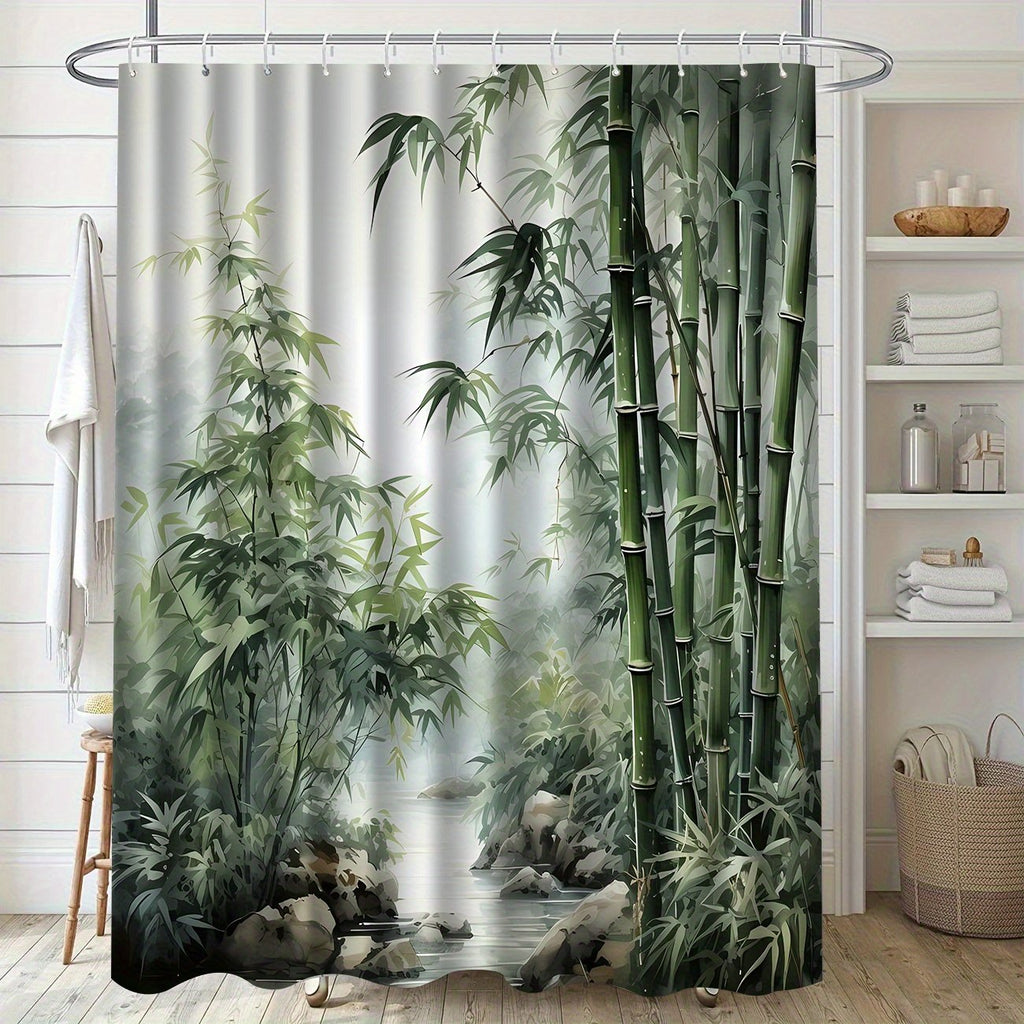JIT1pcs Bamboo Pattern Printed Bath Curtain, High-end Elegant and Convenient Installation for Bathroom Curtain, Suitable for Home Decoration, with 12 Hooks Polyester Fabric Bathtub Curtain, Bathroom Divider, Room Decoration, Machine Washable Window Ba - image 5