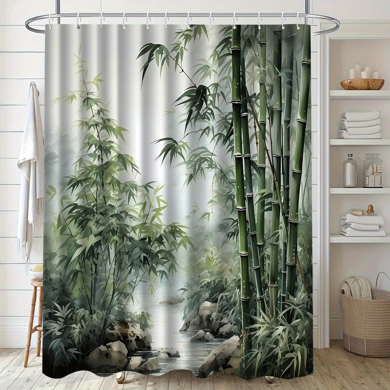 JIT1pcs Bamboo Pattern Printed Bath Curtain, High-end Elegant and Convenient Installation for Bathroom Curtain, Suitable for Home Decoration, with 12 Hooks Polyester Fabric Bathtub Curtain, Bathroom Divider, Room Decoration, Machine Washable Window Ba - image 5