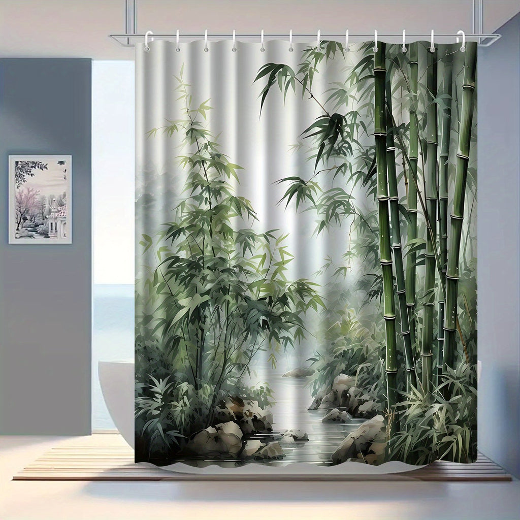 JIT1pcs Bamboo Pattern Printed Bath Curtain, High-end Elegant and Convenient Installation for Bathroom Curtain, Suitable for Home Decoration, with 12 Hooks Polyester Fabric Bathtub Curtain, Bathroom Divider, Room Decoration, Machine Washable Window Ba - image 6