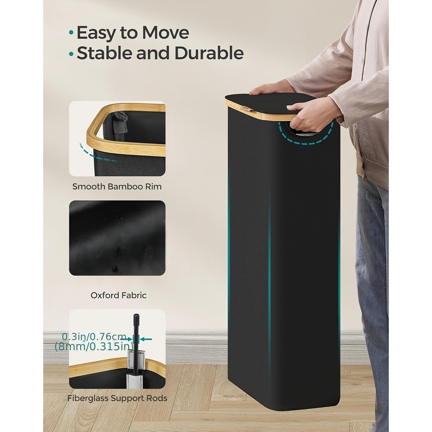 Laundry Hamper With Lid, Slim Laundry Basket, 17.2 Gallons (65L), Space-Saving, Removable Mesh Liner, Bamboo Handles, Collapsible, 41.91 X 22.61 X 70.61 cm, Ink Black ULCB506B01 - image 5
