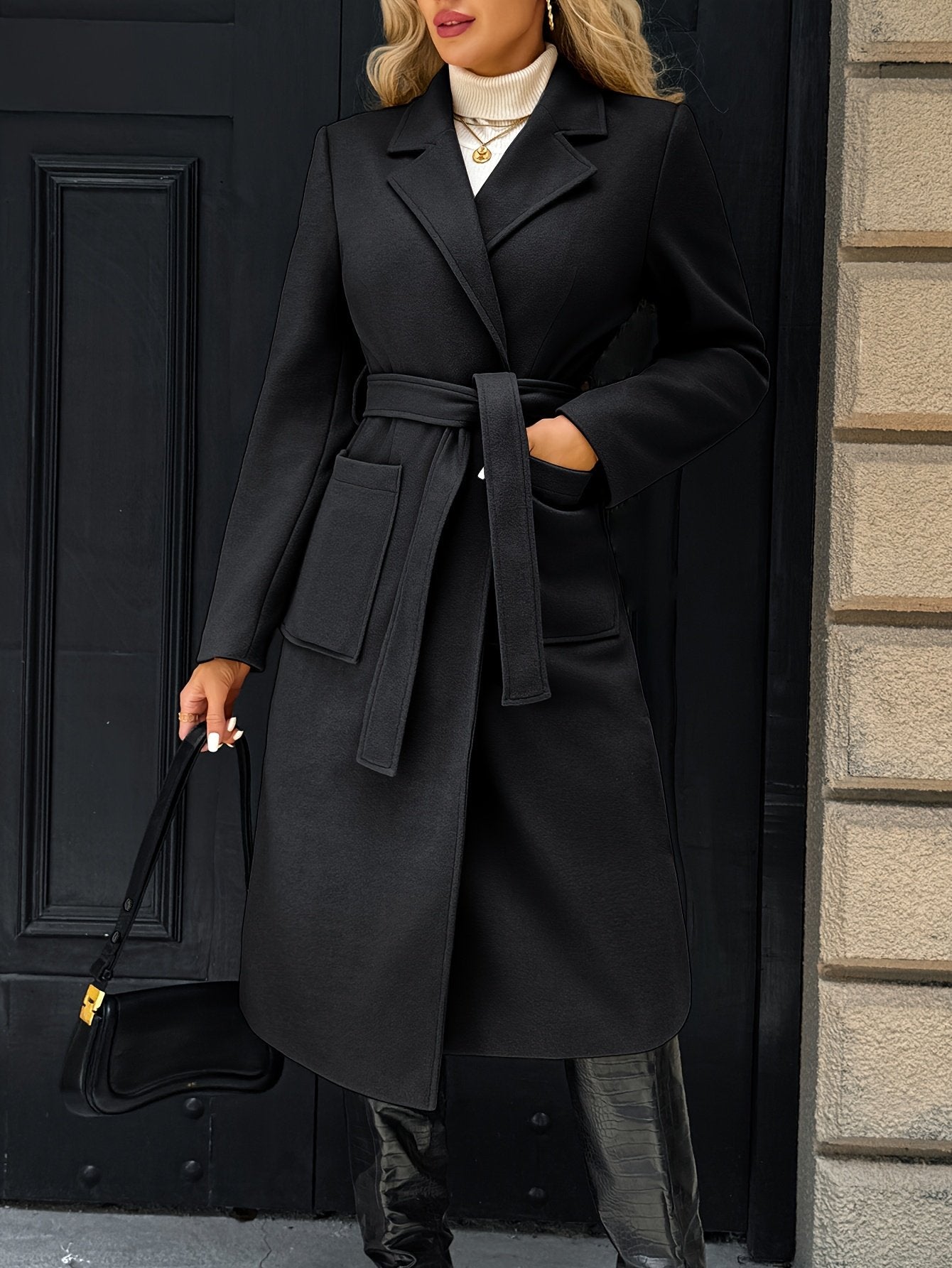 Light brown long belted coat for women styled with the belt tied