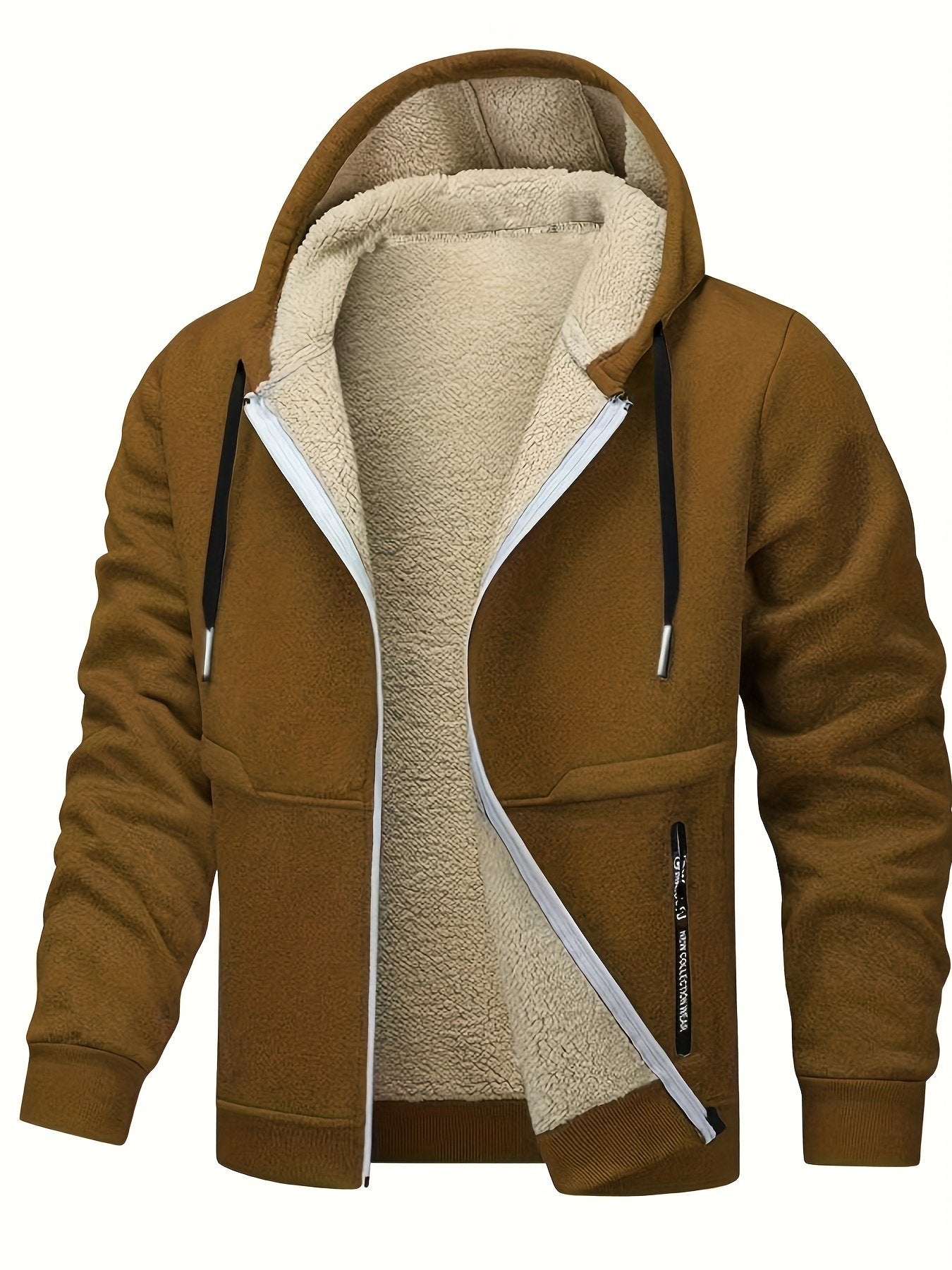 Men's 2-piece fleece hooded winter jacket set in black, full-zip front with deep side pockets