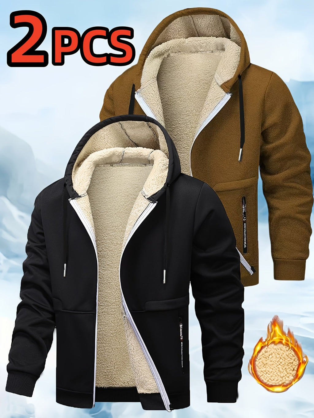 Black fleece hooded jacket set showing adjustable drawstring hood detail for winter