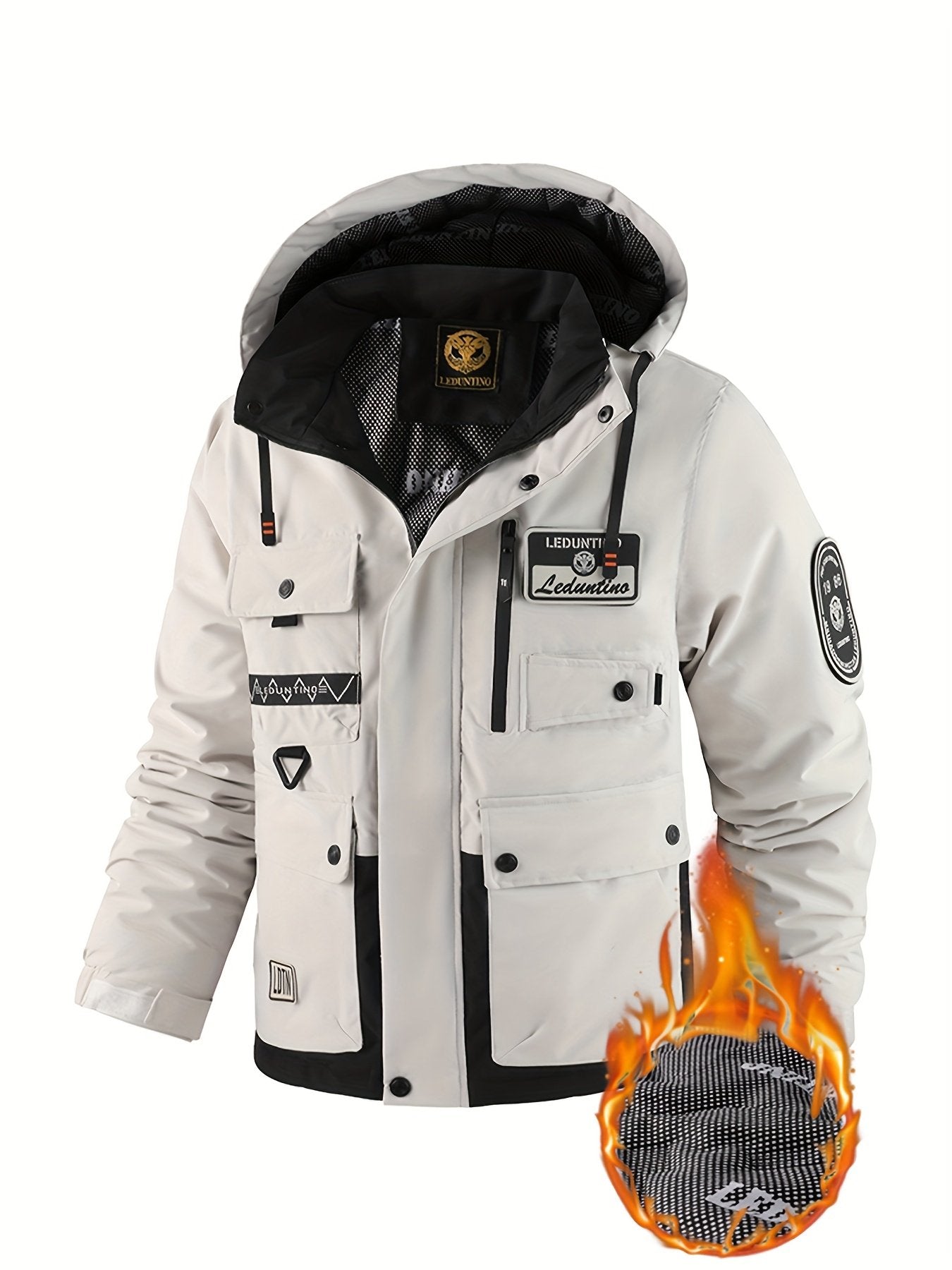 Men's multi-pocket hooded work jacket with detachable hood and colour-block design