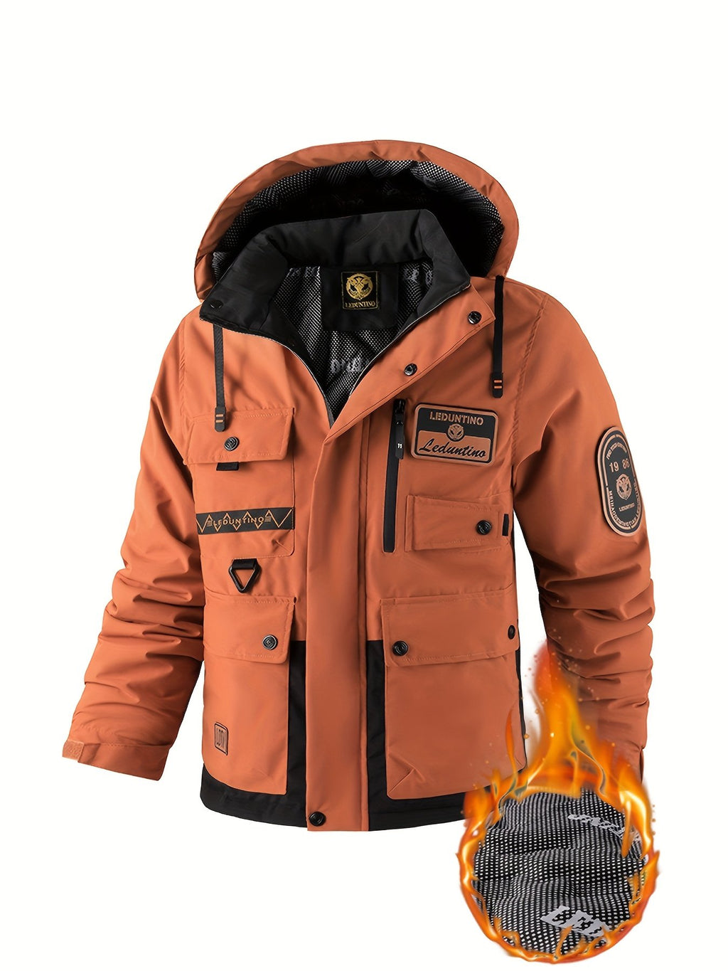 Men's detachable hood work jacket showing pocket detail for outdoor use