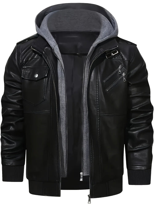 Men's black hooded jacket with full zip, front view