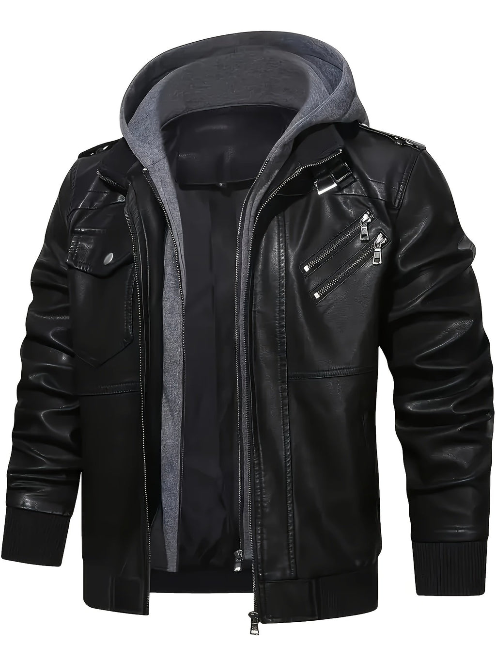 Black casual hooded jacket for men worn with the hood up
