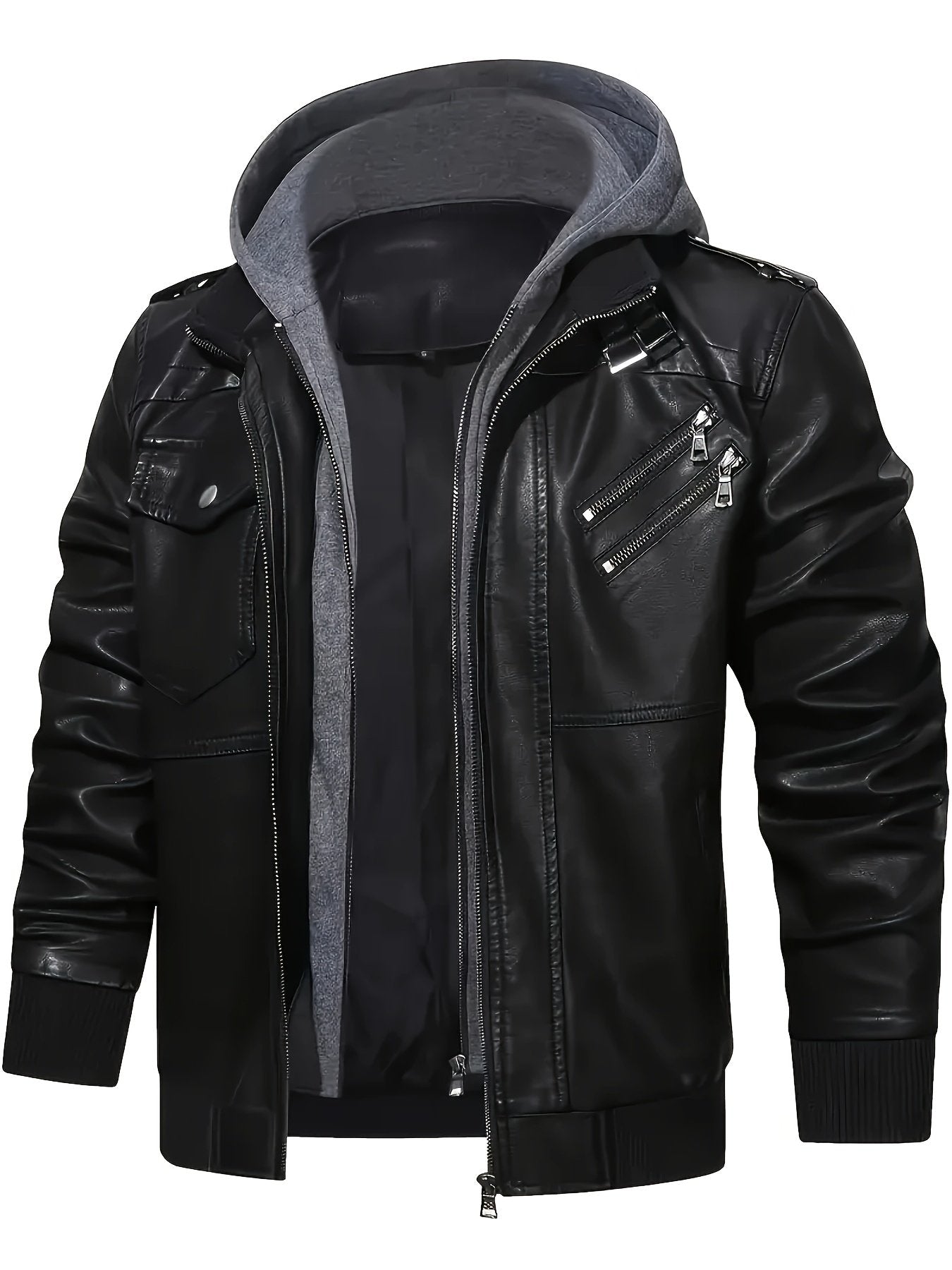 Black casual hooded jacket for men worn with the hood up