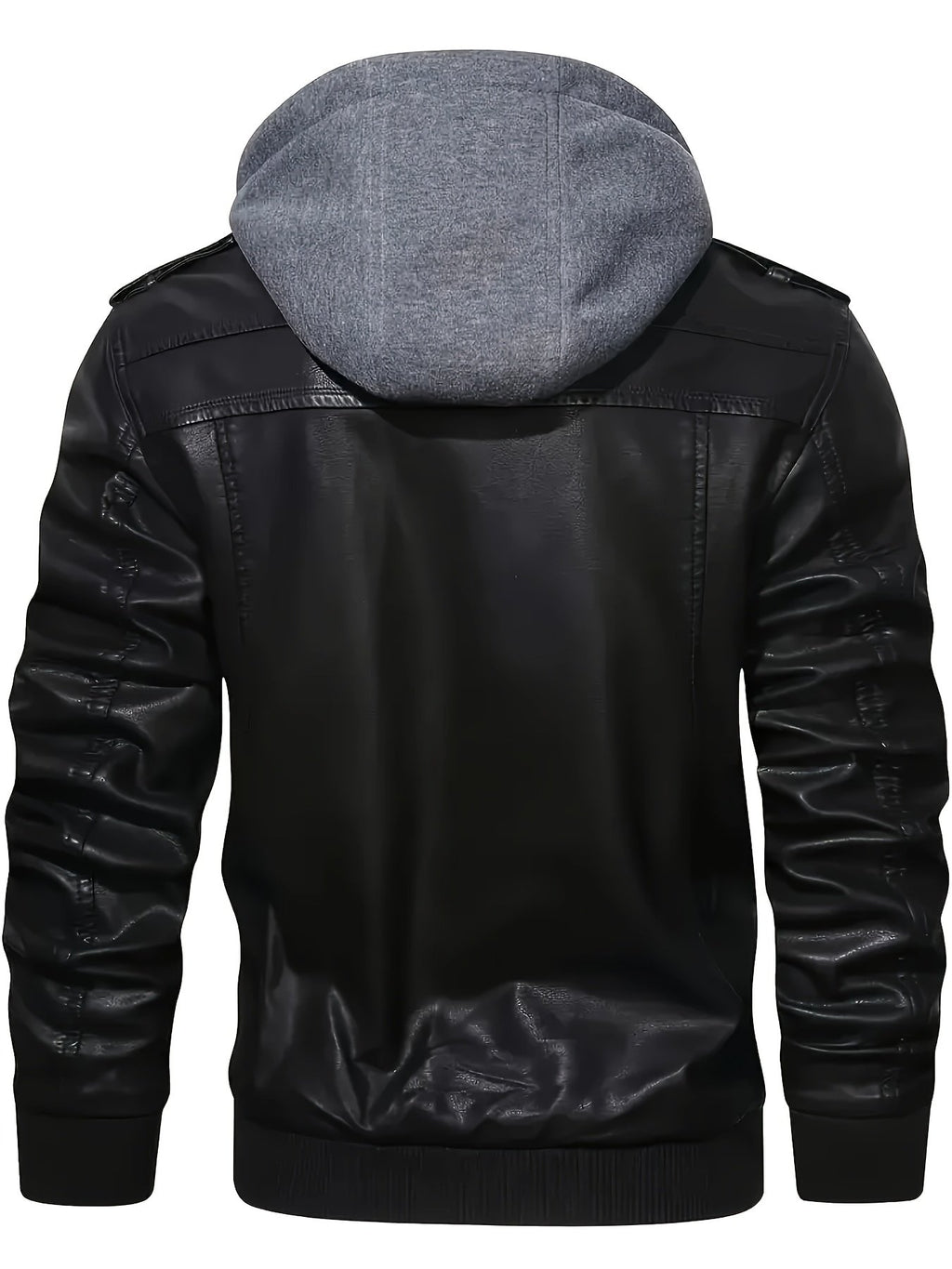 Close-up of the zip and hood on the men's black jacket