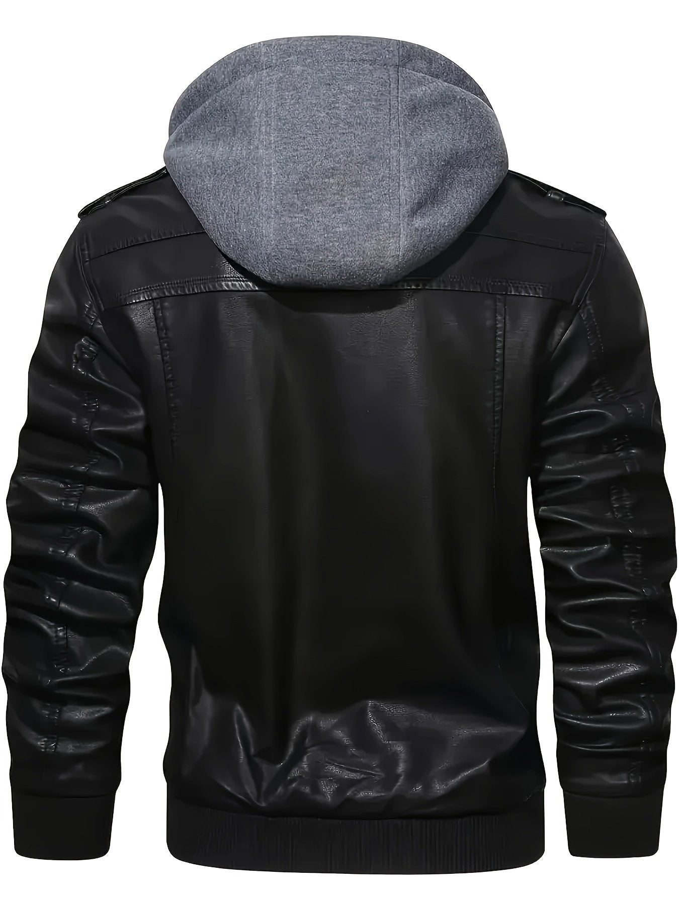 Close-up of the zip and hood on the men's black jacket