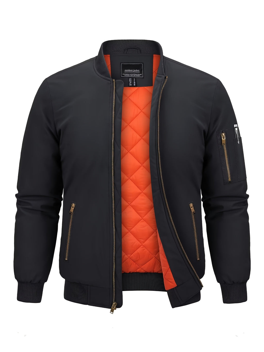 Men's padded bomber jacket with baseball collar and zip pockets for winter