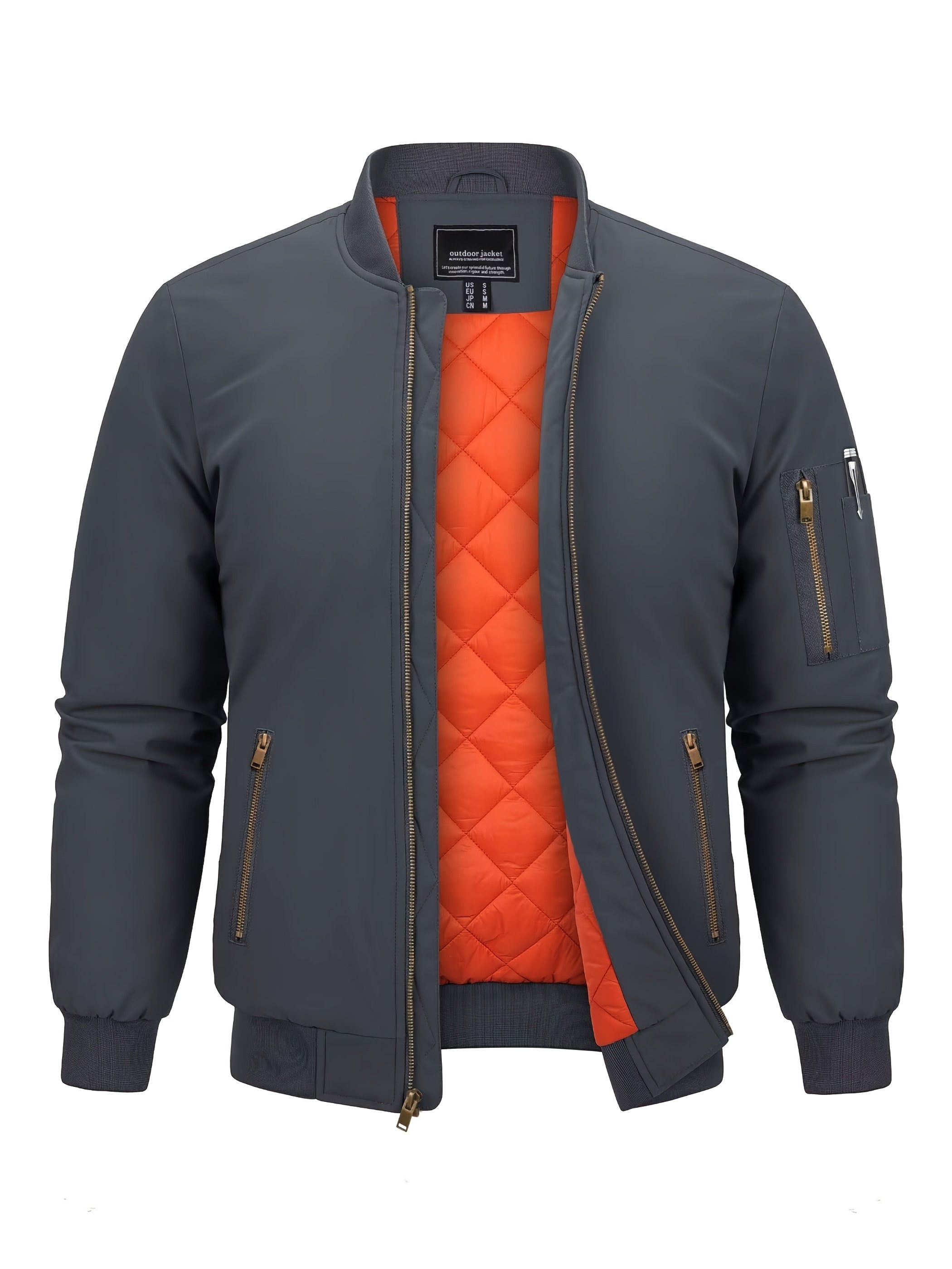 Padded winter bomber coat for men showing zipper pocket detail