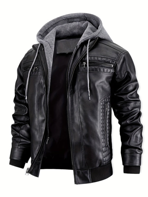 Men's black 2-in-1 hooded bomber biker jacket, front view