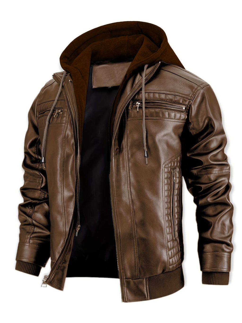 Dark brown PU biker jacket for men with hooded inner layer