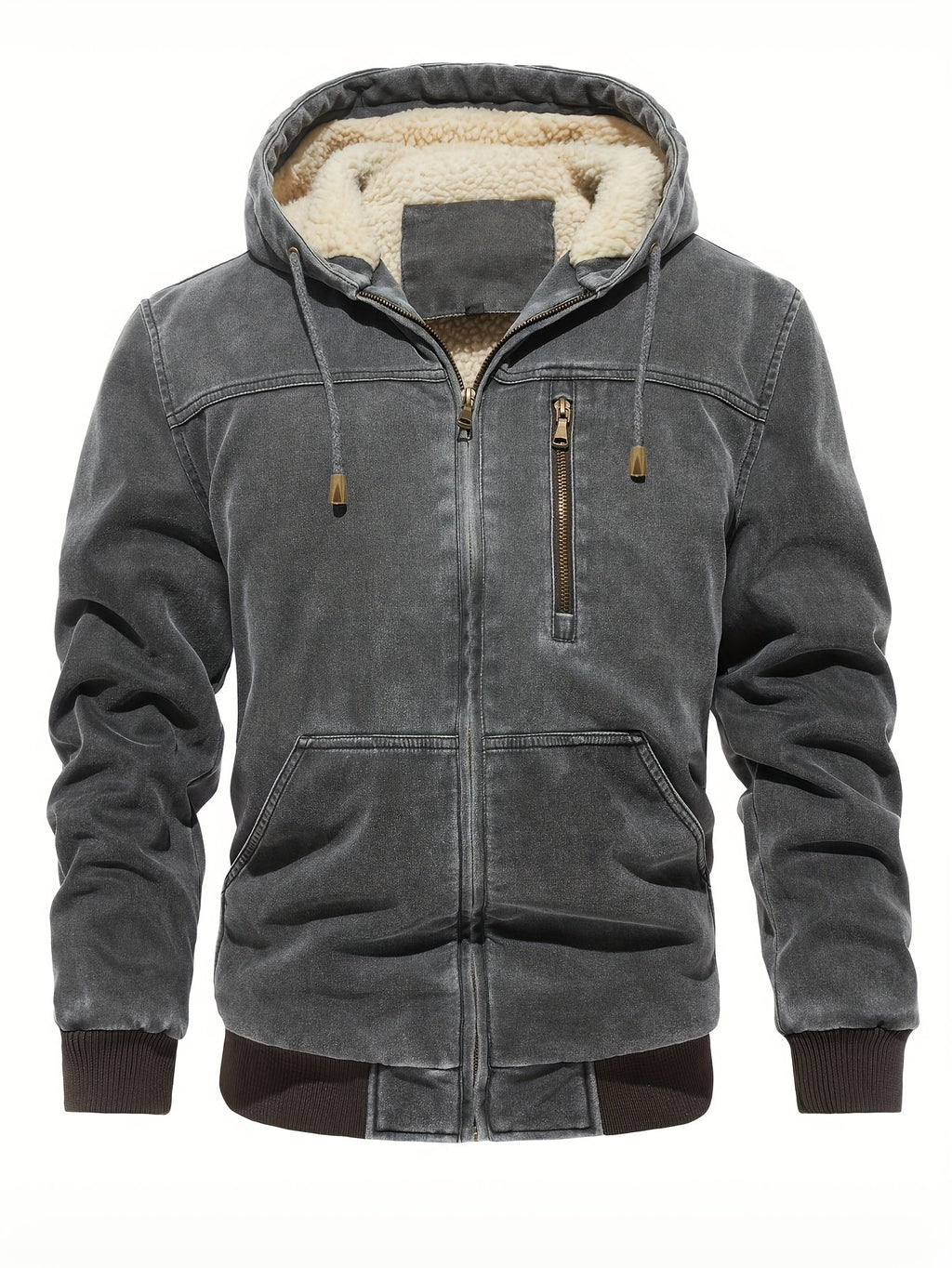 Men's vintage distressed hooded winter jacket in solid colour casual style