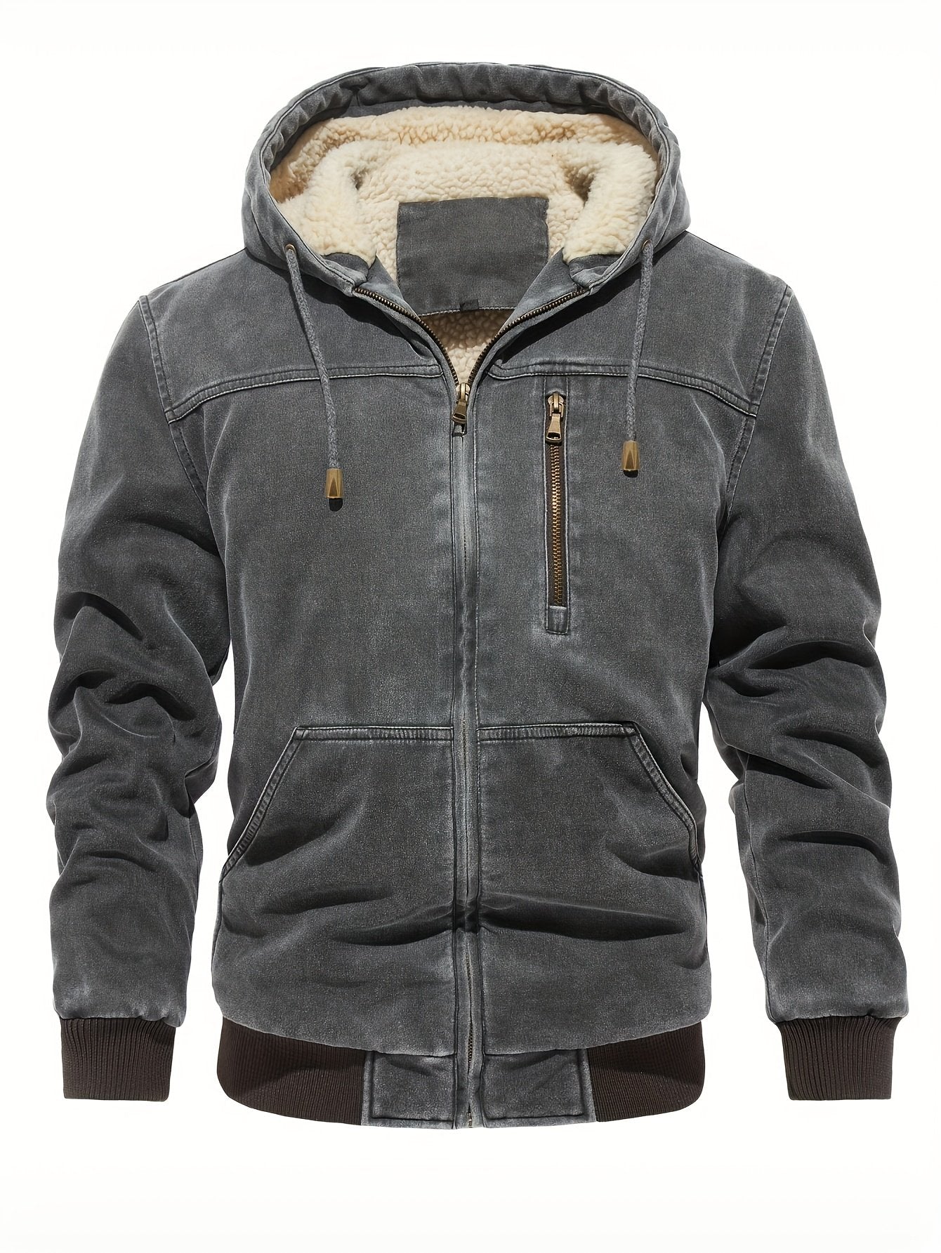 Men's vintage distressed hooded winter jacket in solid colour casual style