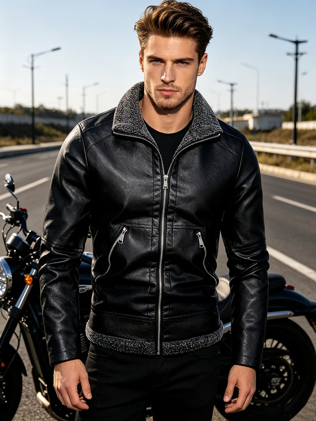 Midnight black fleece-lined PU jacket for men with zip front