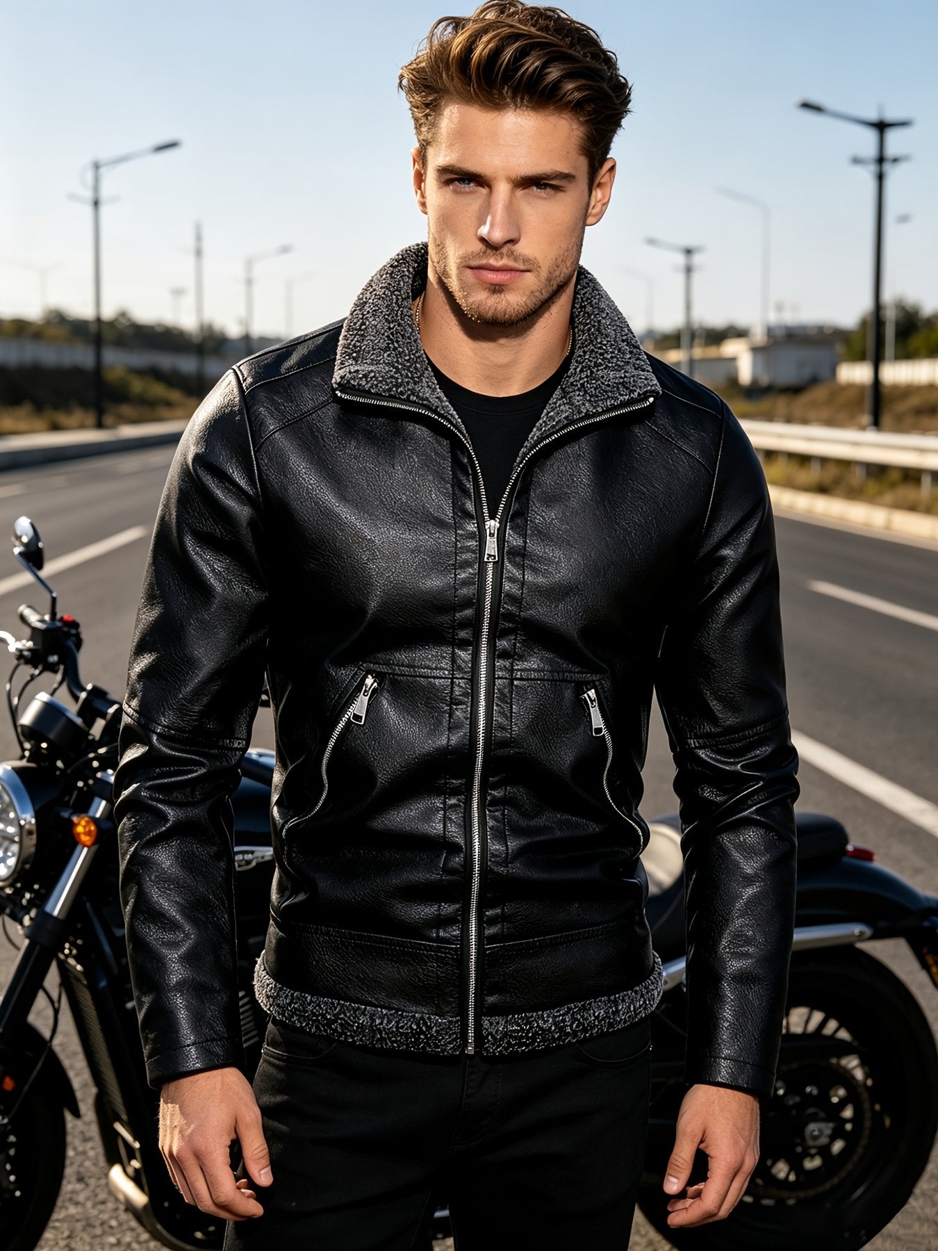 Midnight black fleece-lined PU jacket for men with zip front