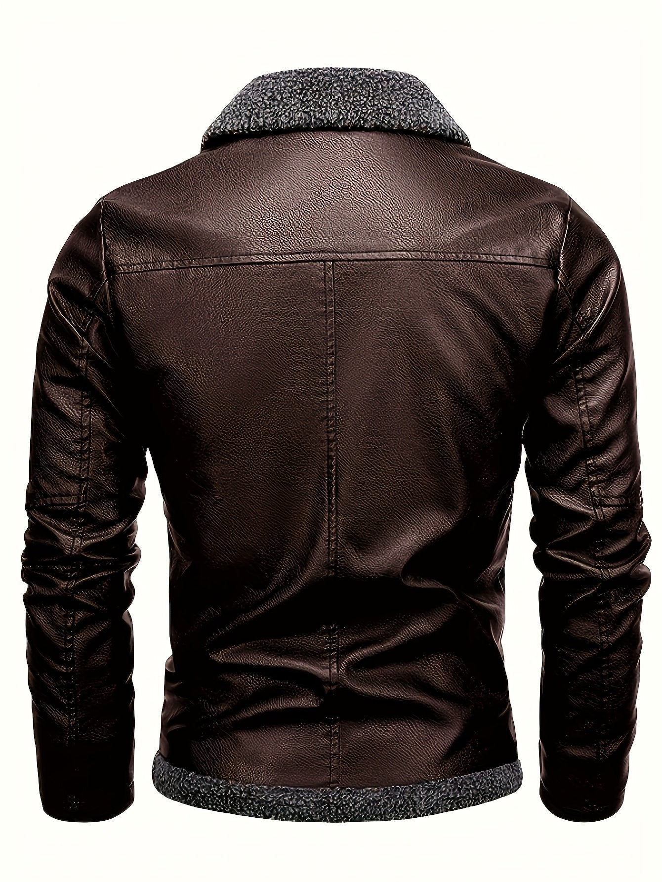 Fleece lining detail inside the men's leather look jacket