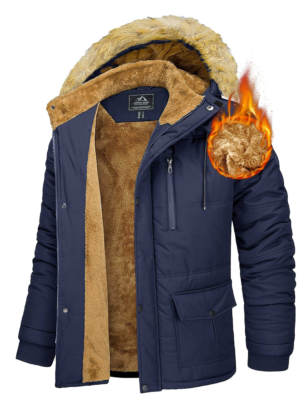 Men's 6-pocket fleece parka jacket with hood for cold UK winter