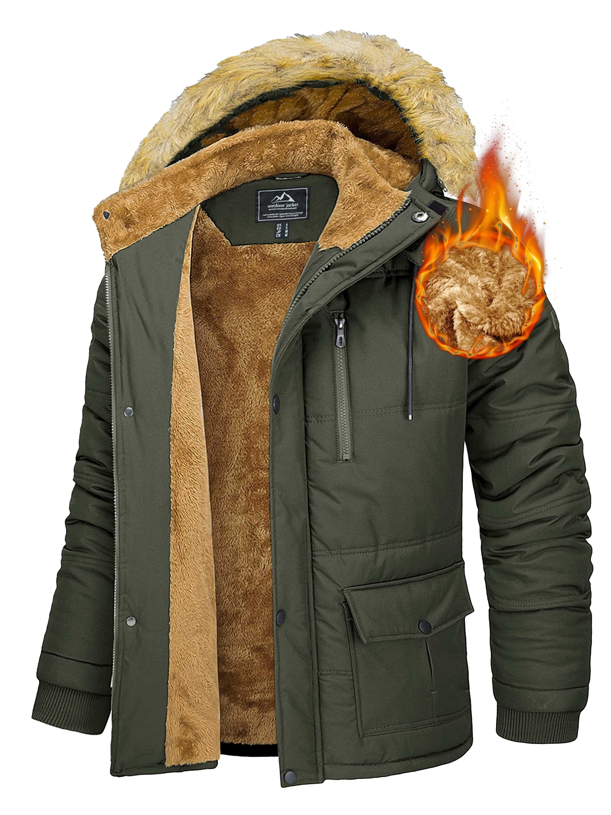 Fleece lined parka for men with 6 pockets and cold-resistant woven fabric
