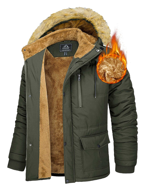 Fleece lined parka for men with 6 pockets and cold-resistant woven fabric