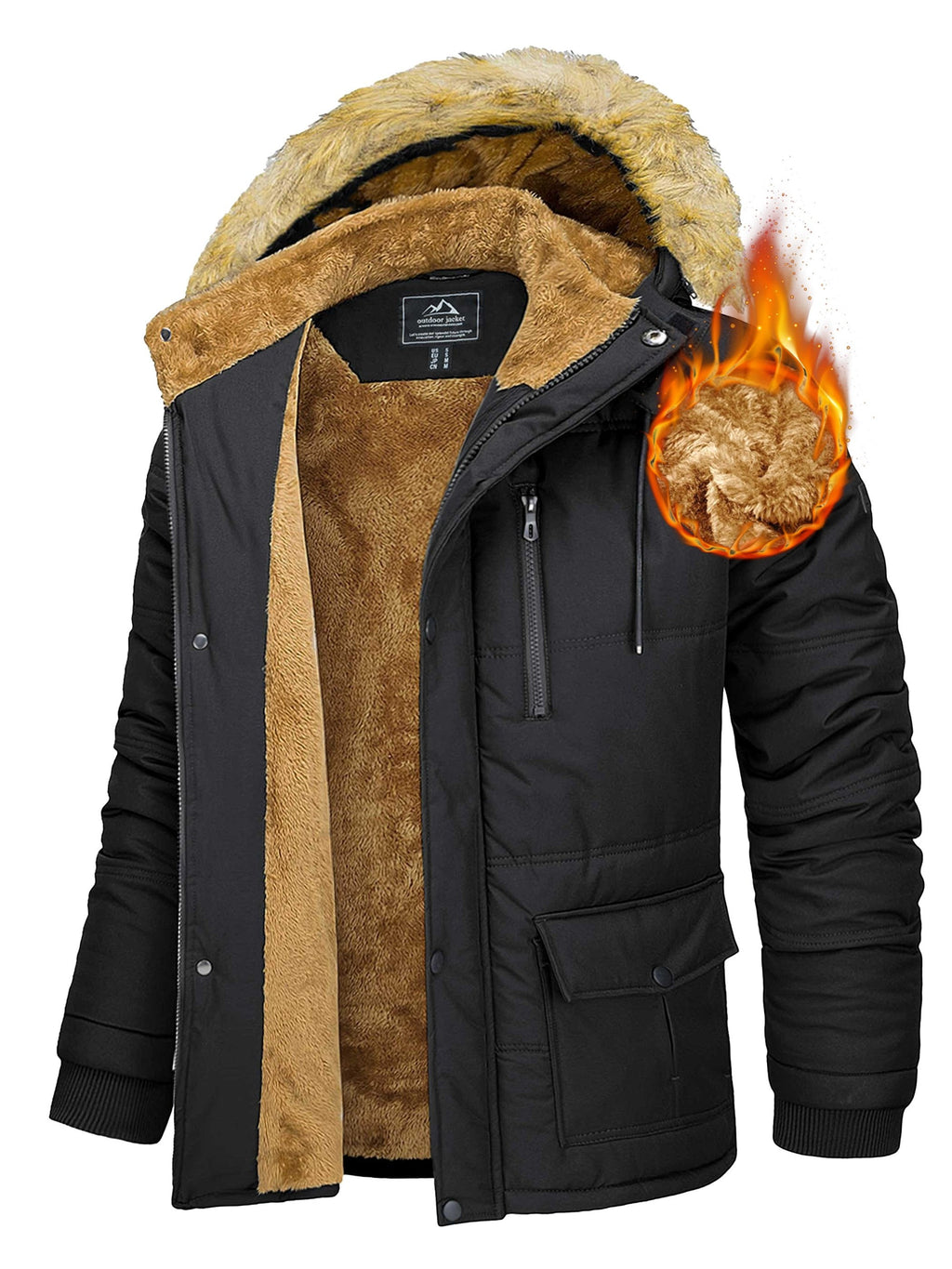Men's heavyweight parka jacket with hood for hiking and skiing