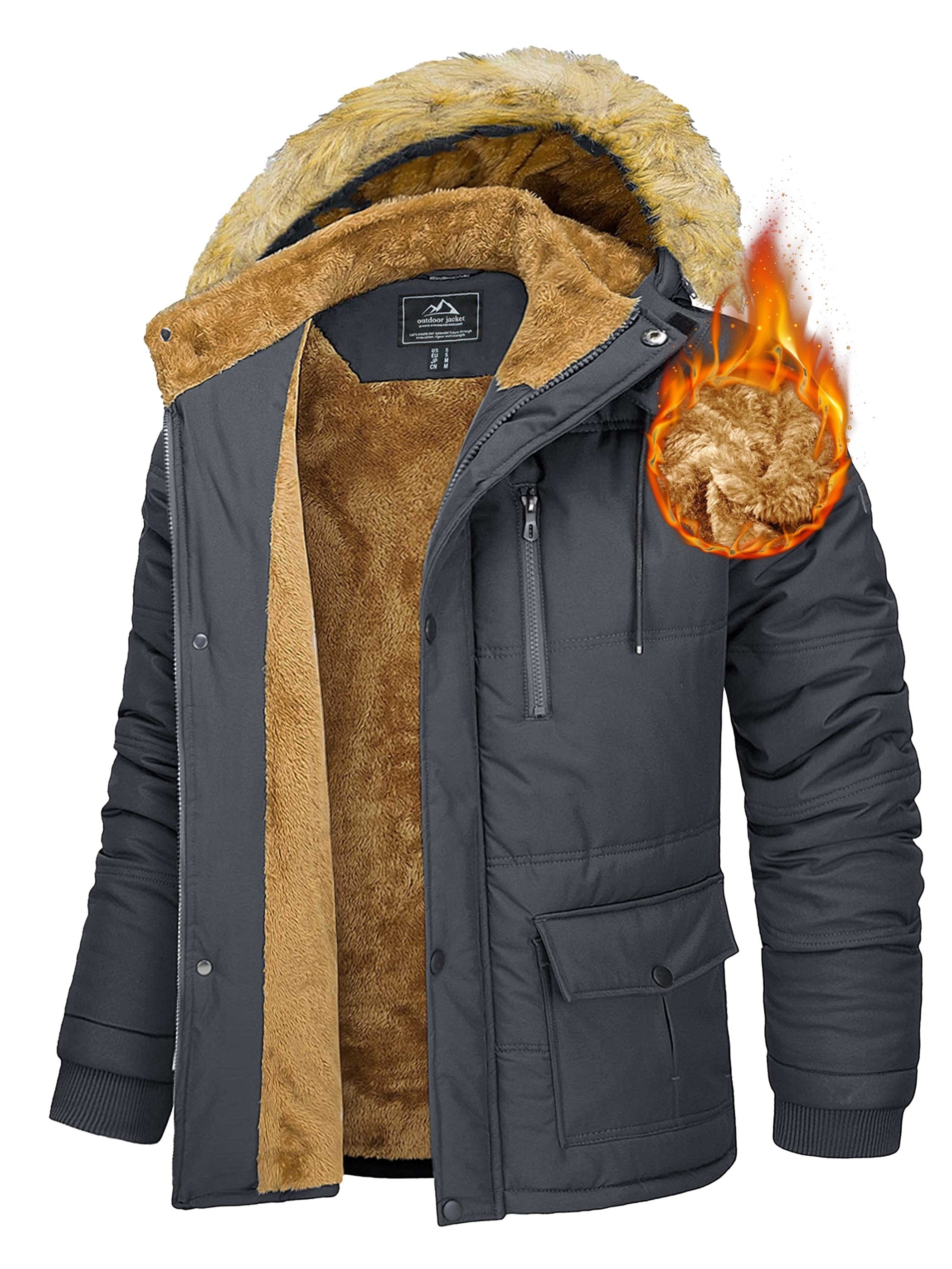 Men's outdoor parka jacket showing chest pocket and fleece lining detail