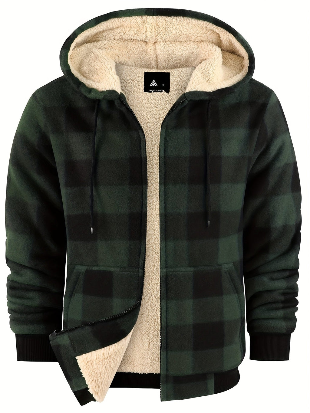 Men's plaid hooded heavyweight fleece jacket in check grid pattern, full-zip front