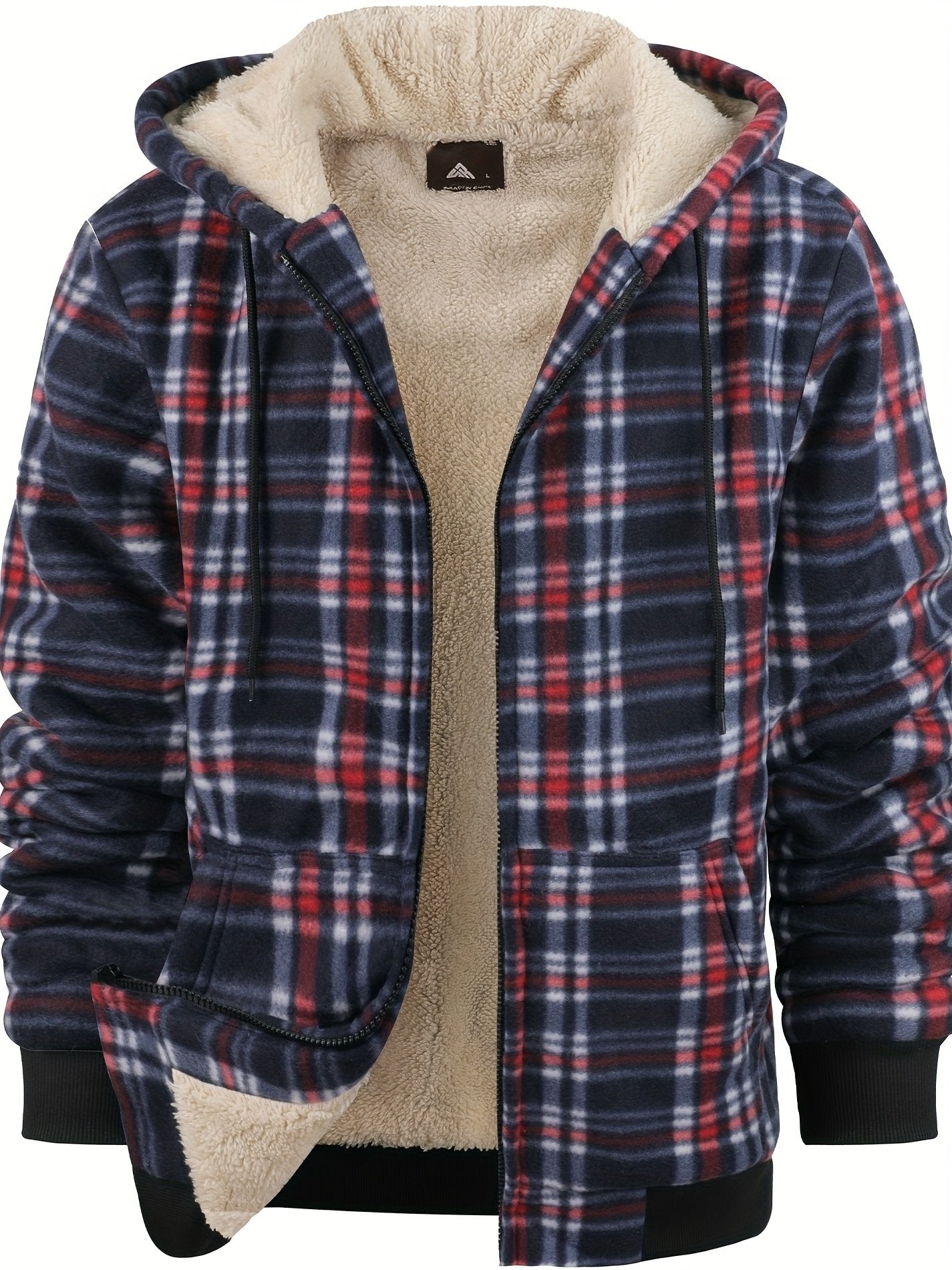 Side view of men's plaid heavyweight fleece jacket with side pockets