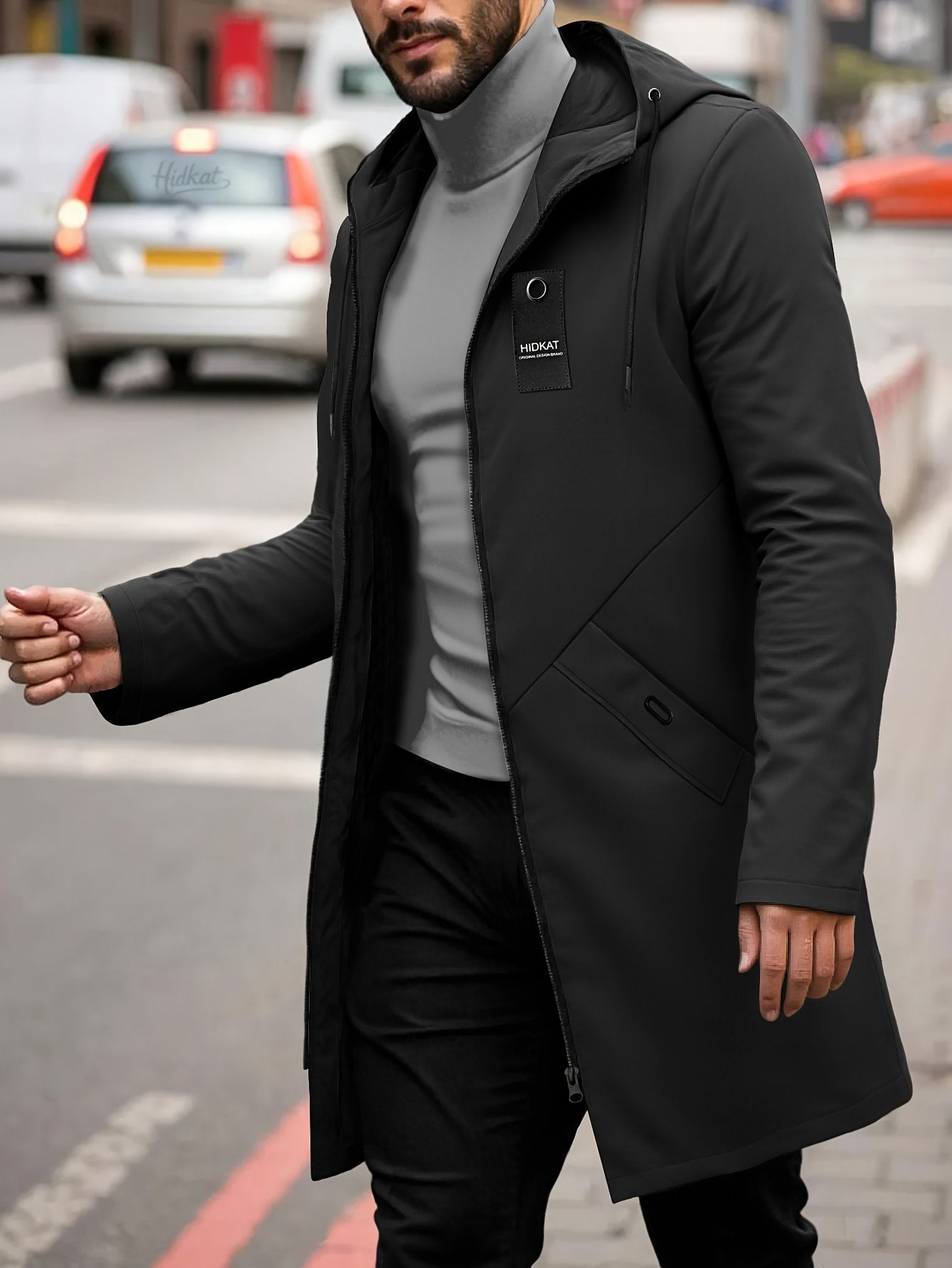 Men's grey hooded mid-length windbreaker jacket, full zip front view