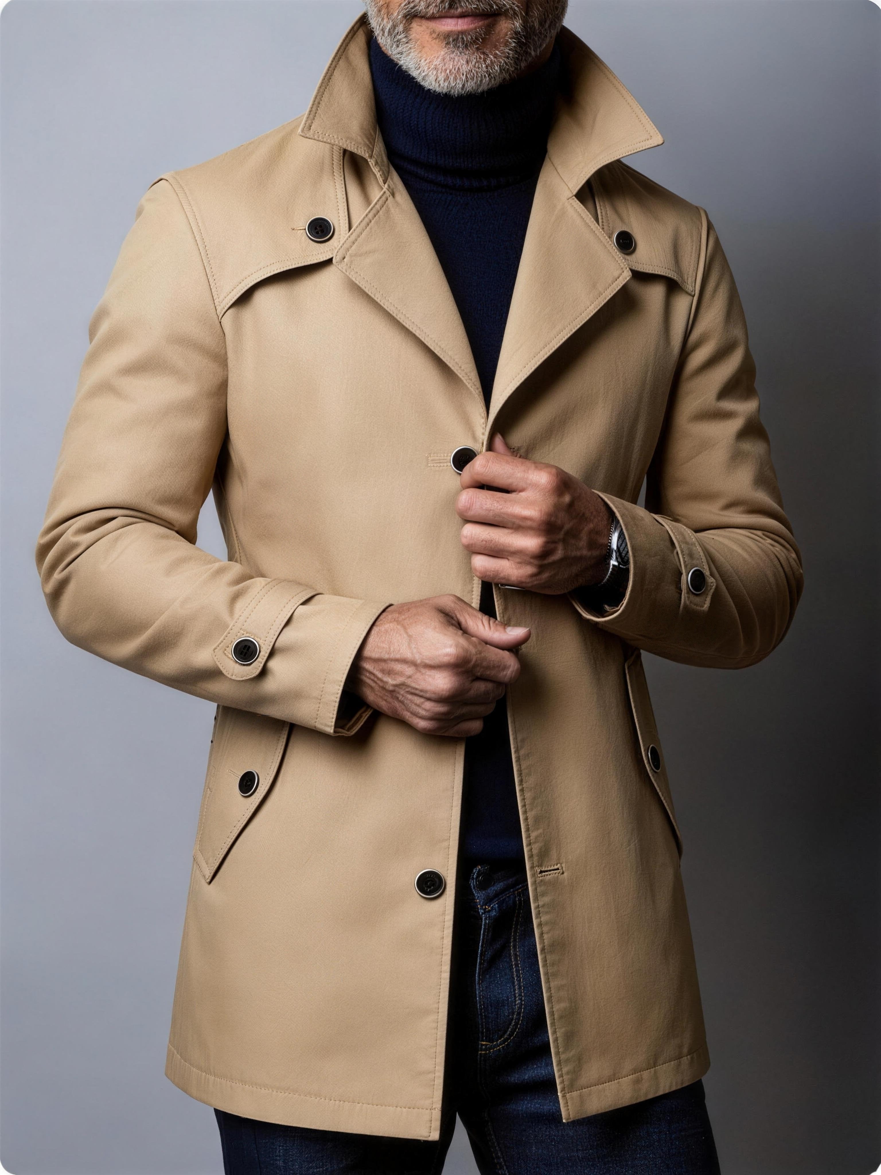 Men's black solid trench coat with lapel collar, full-length front view