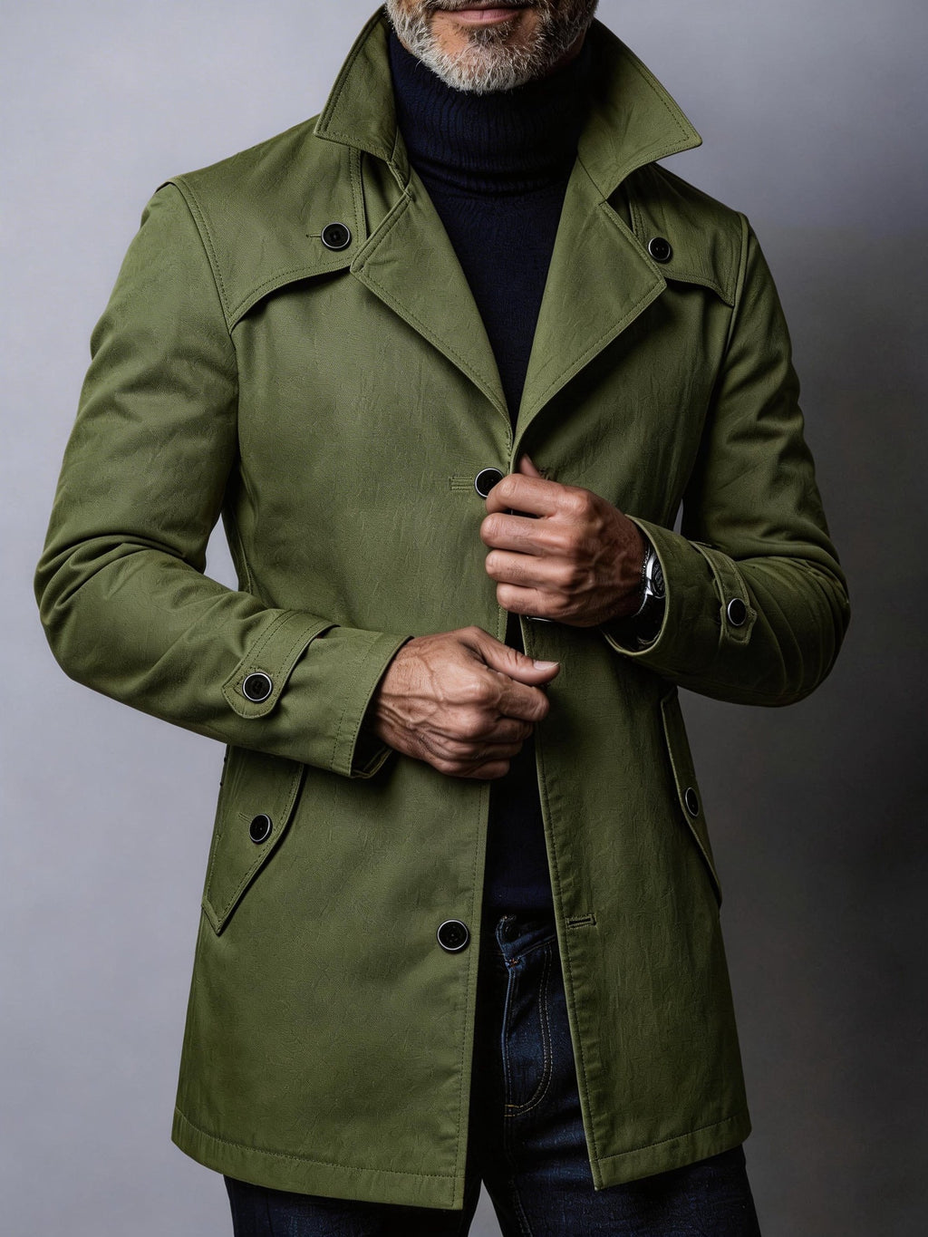 Close-up of the lapel collar and button front on the men's trench coat
