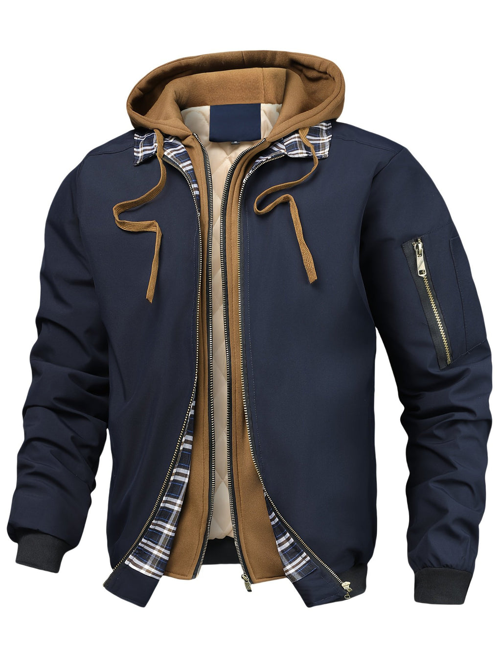 Men's plaid hooded zip-up jacket in casual loose fit with drawstring hood