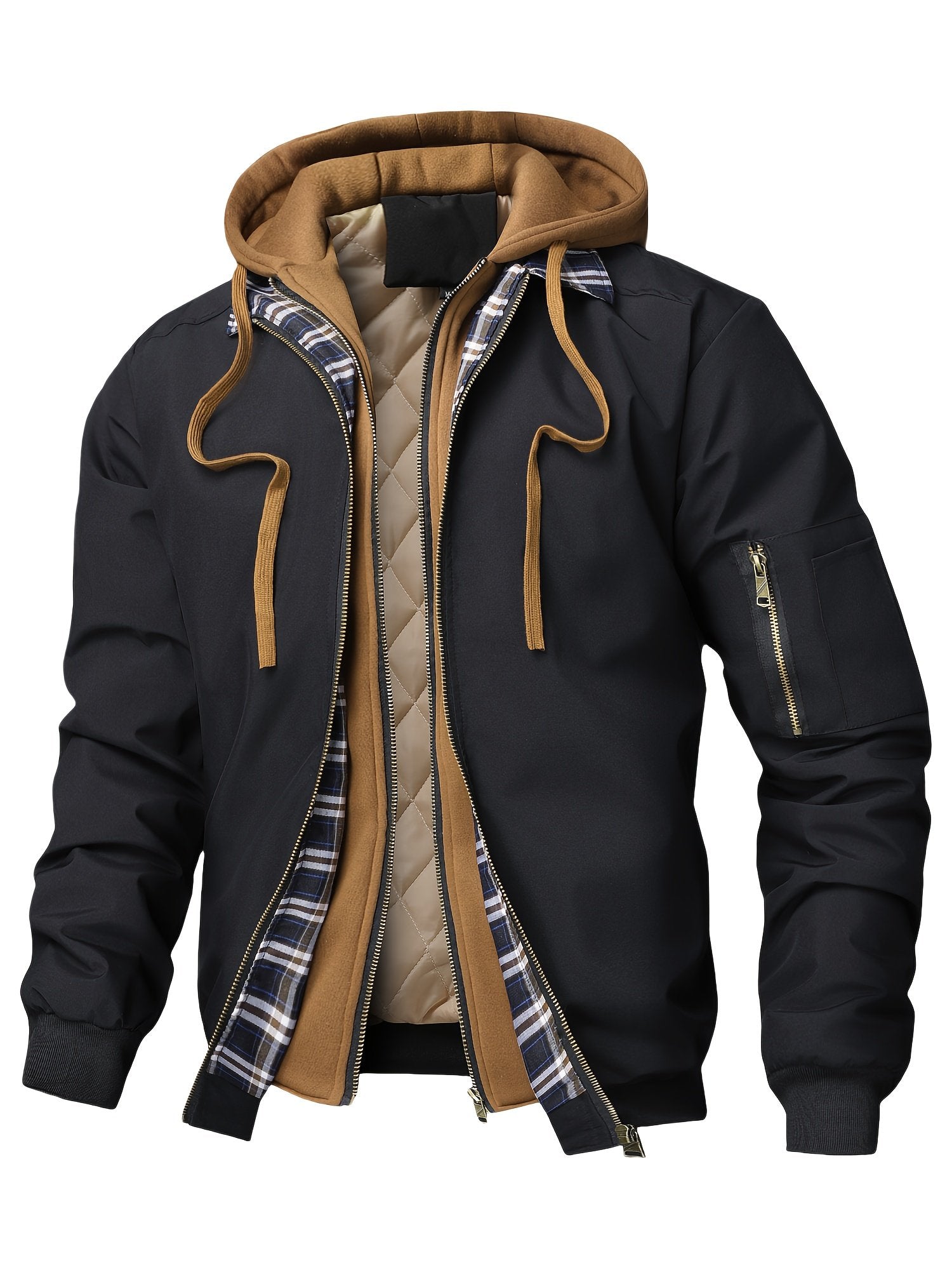 Brown and checkered plaid jacket for men with zip closure and lined design