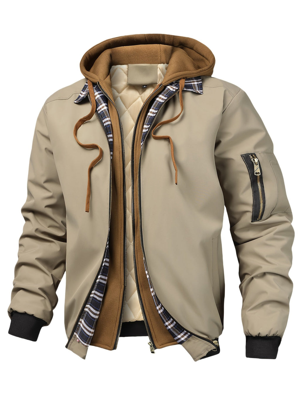 Plaid zip-up jacket for men with long sleeves and drawstring hood for UK winter