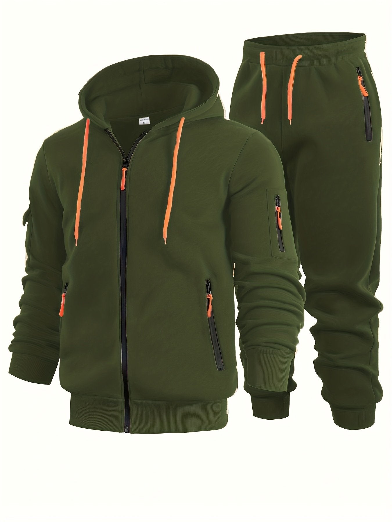 Men's multi-pocket zip tracksuit set for running fitness and loungewear