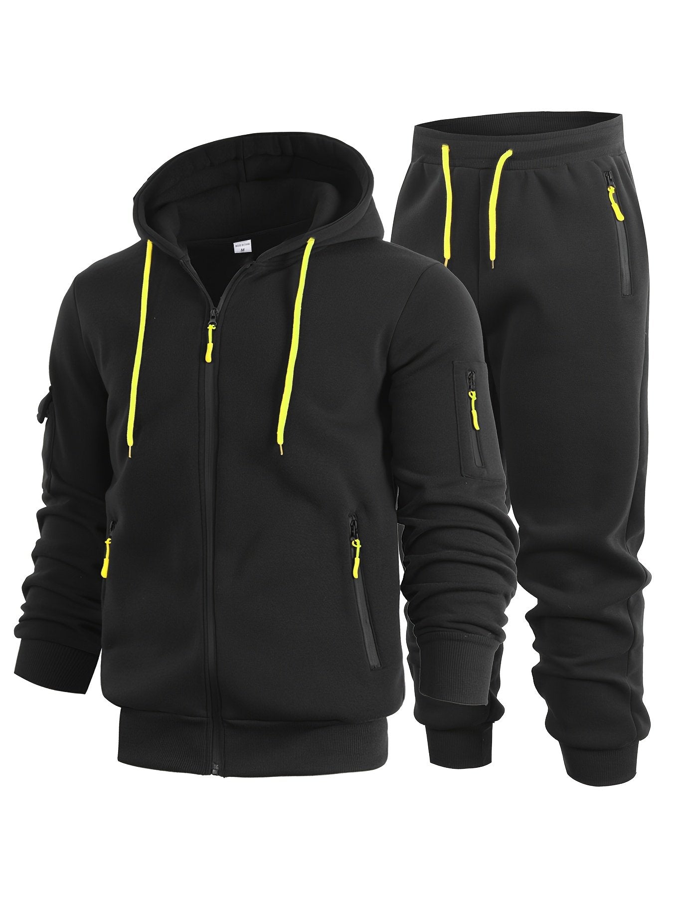Sporty men's hooded patchwork sweatshirt set for casual outdoor spring autumn use